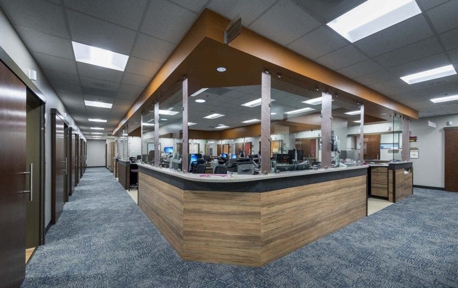 Reception area with wood paneling