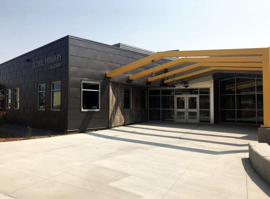Front of school yellow arching beams