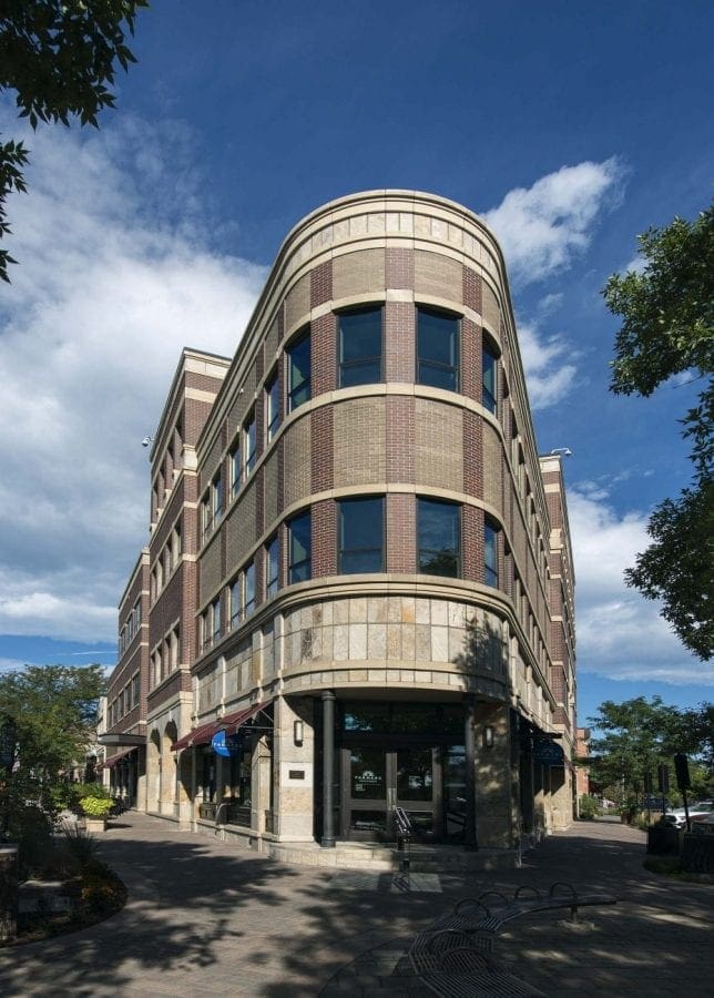 Front view of stone building