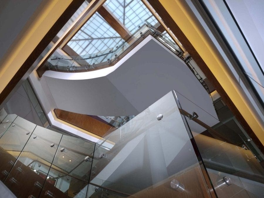 Looking up at the bottom of a staircase