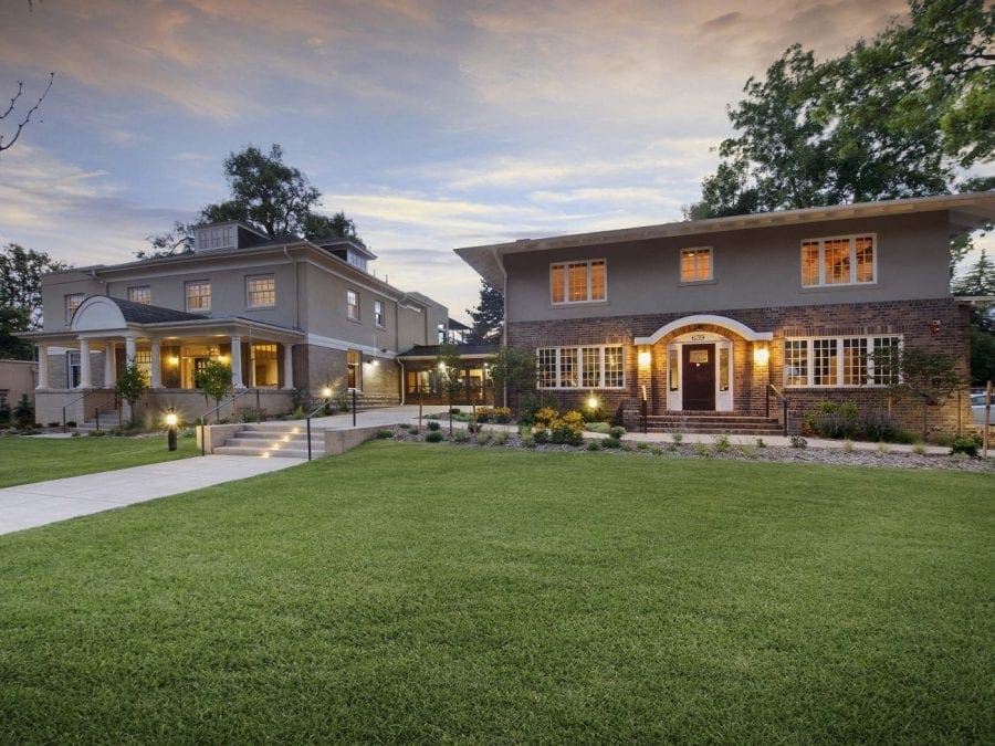 Dual building with grass lawn