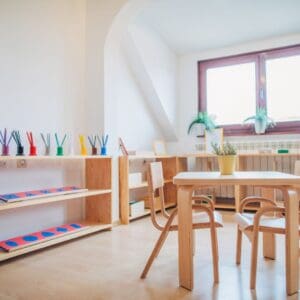 beautiful elementary school classroom with wooden furniture