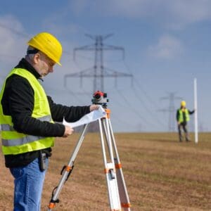 Two construction workers surveying land in an empty field.