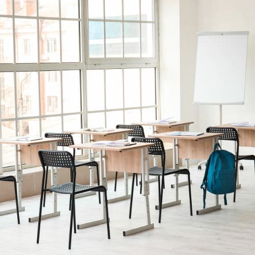 A classroom with large windows