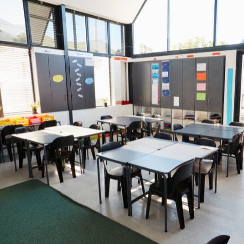 A classroom with large windows
